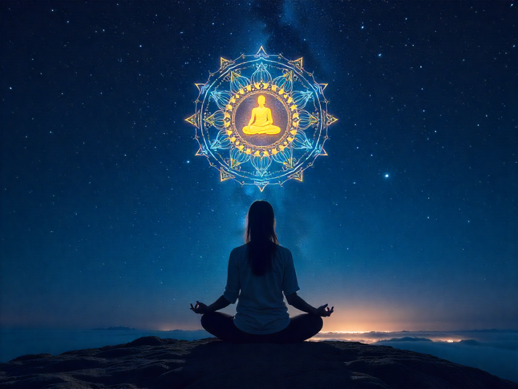 Silhouette méditant sous un ciel étoilé entouré de mandalas tibétains lumineux, symbolisant la pratique spirituelle du yoga du rêve tibétain Milam.